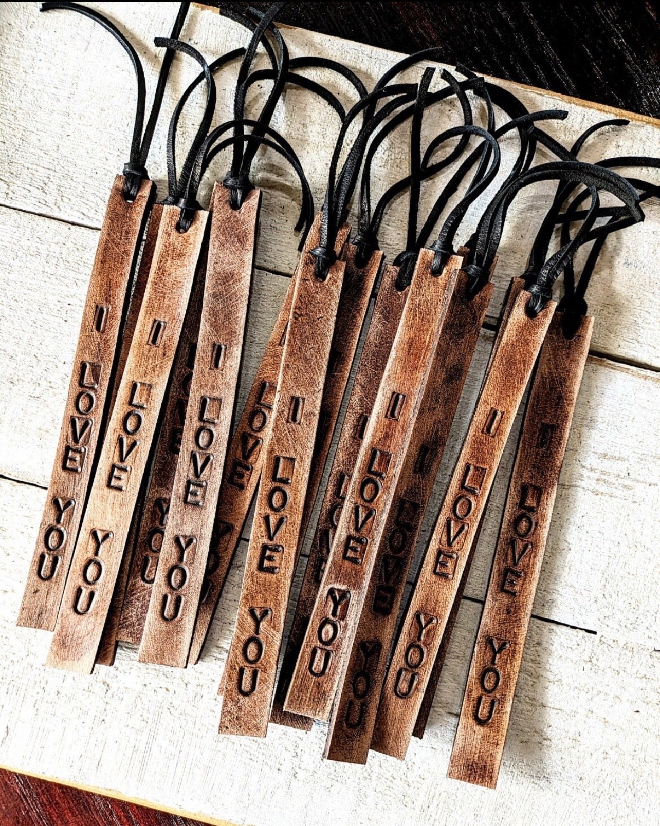 Handcrafted Leather Bookmark – Rustic “I Love You” Engraved Bookmark with Leather Cord
