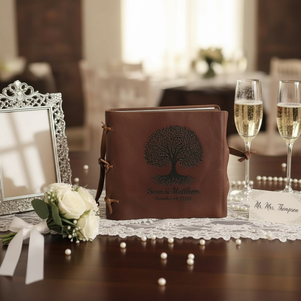 Personalized Engraved Leather Photo Album – 12” x 12” Handmade Memory Book
