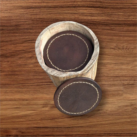 Leather coasters with a cedar holder