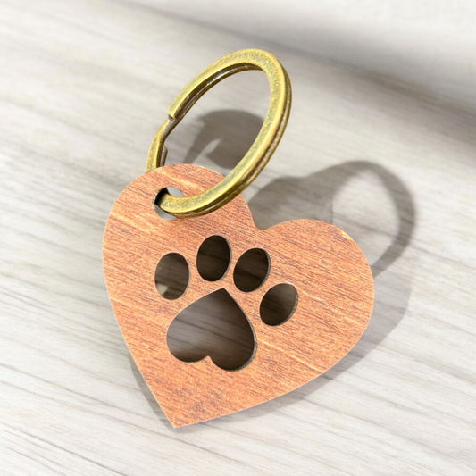 Wooden heart keychain w/paw print cutout